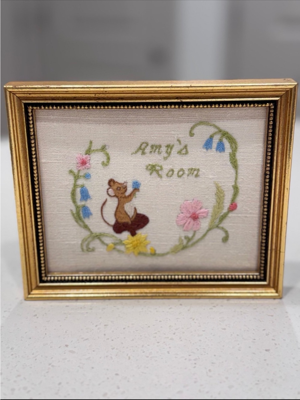 Vintage Framed Mouse Embroidery Art Amy’s Room Cottagecore Mini Gold Frame